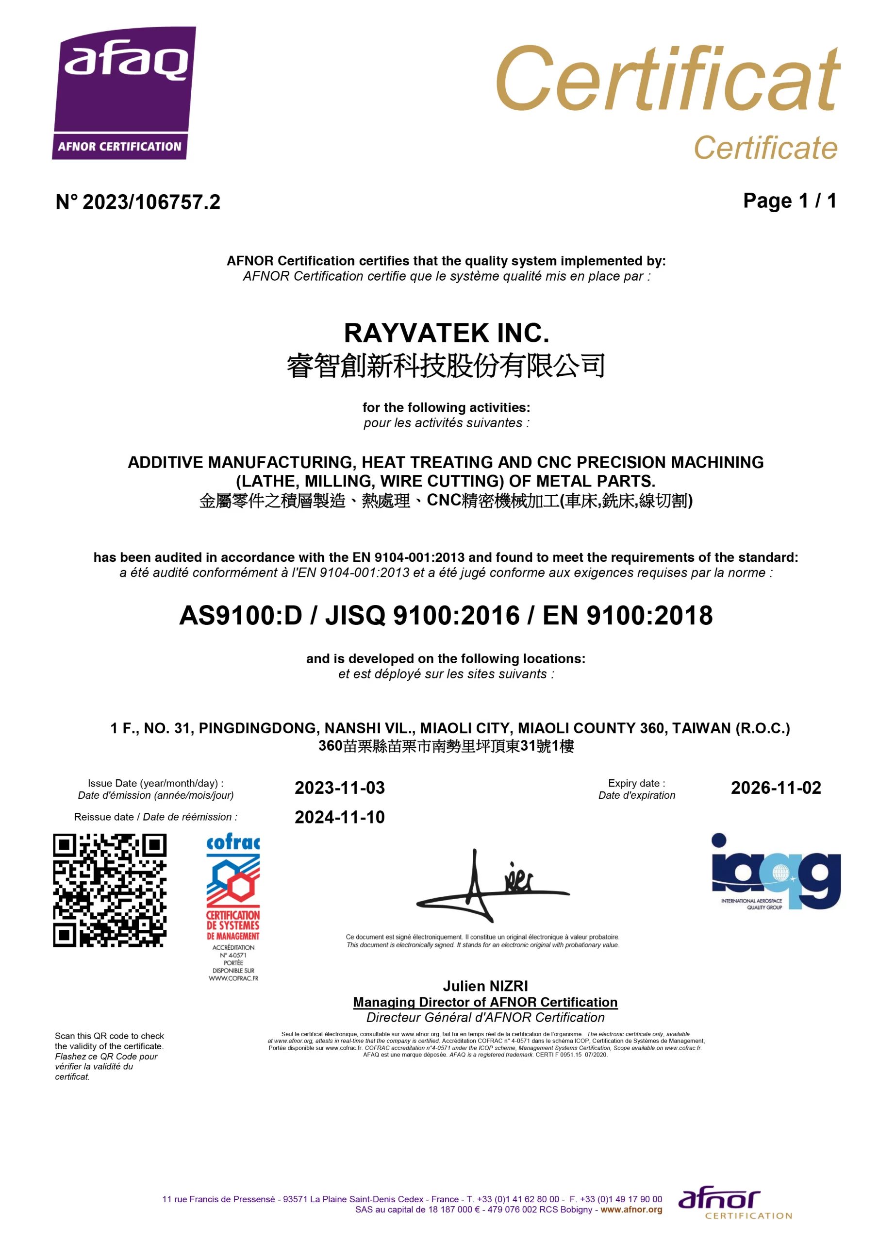 Rayvatek AS 9100 certification