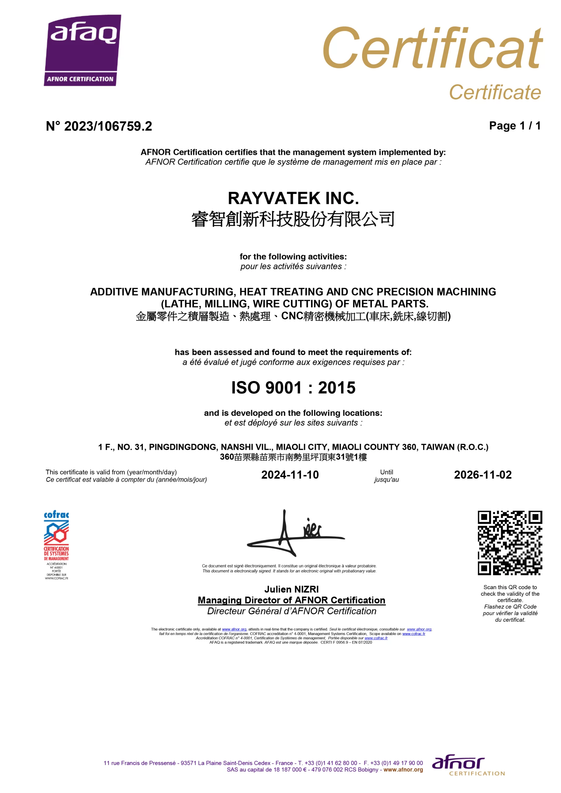 Rayvatek ISO 9001 certification