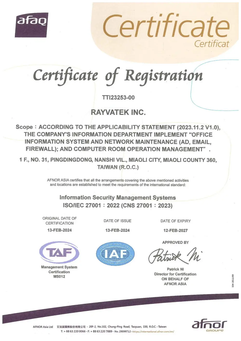 Rayvatek ISO 27001 certification page 2